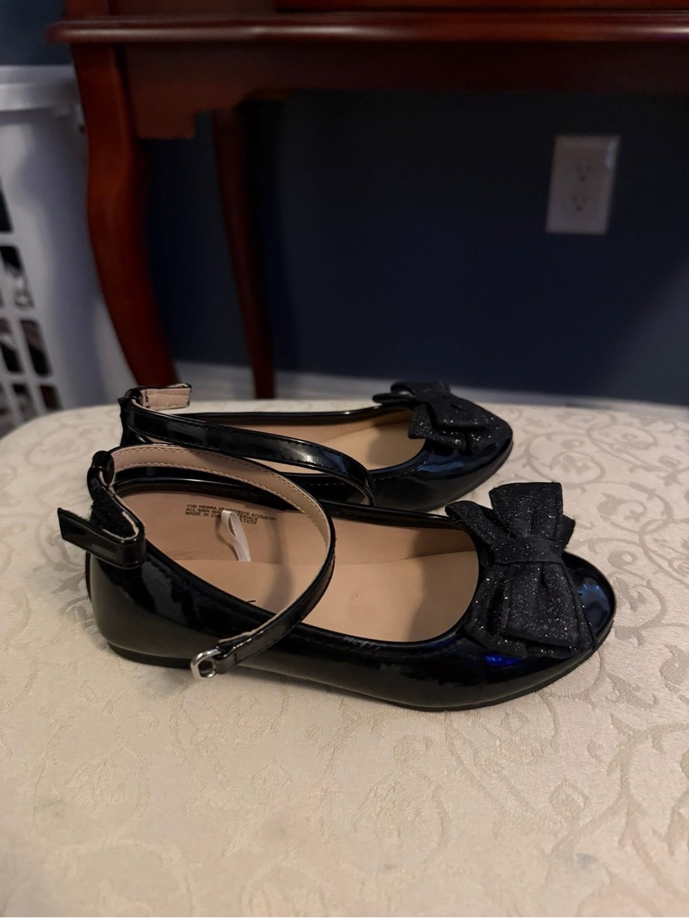 Girls Black Patent Bow Mary Jane Flats with Ankle Strap